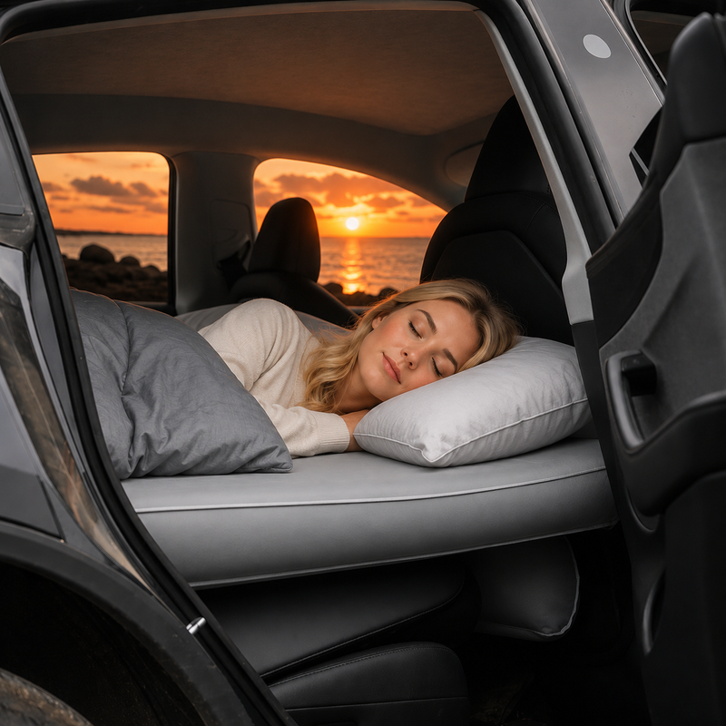 Kvinde sover på GCG MAX LuxusFlat madras i Tesla Model Y ved solnedgang