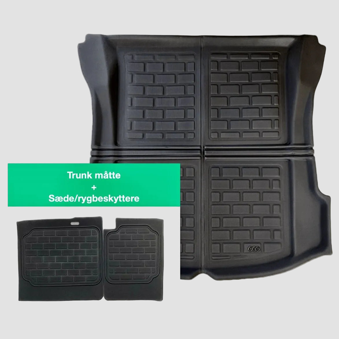 En GCG pakke som indeholder både bagagerumsmåtte og sædebeskytter til Tesla Model 3