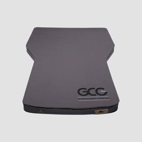 GCG MAX Komfort luftmadras med memory foam i grå, vist fra oven på hvid baggrund.