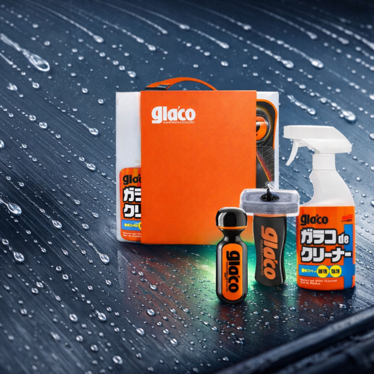 Glaco 3-i-1 produkter vist på en bilforrude med vanddråber