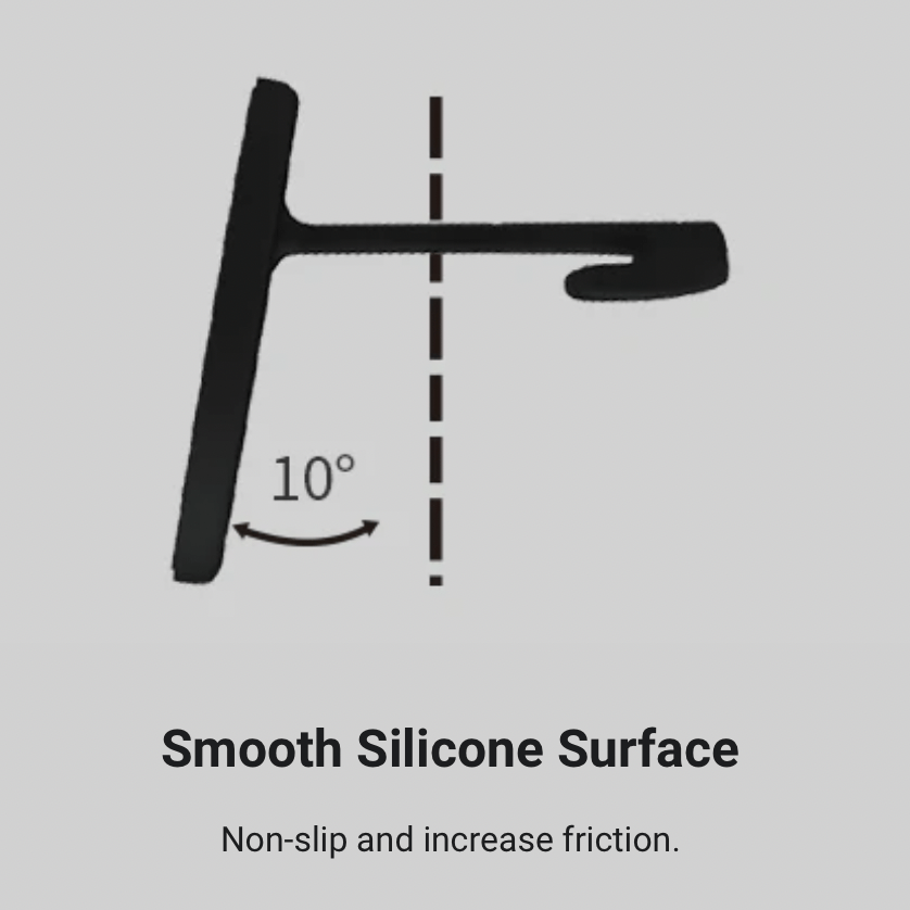 En sort skitse af jowua magnetholder med en tekst som fortæller om de 10 grader vinkel, og at den af en blød silikone overflade.