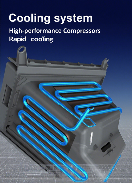 Køleskab til Tesla Model Y med højtydende kompressor og hurtigkølende system, vist i blå på produktbillede.