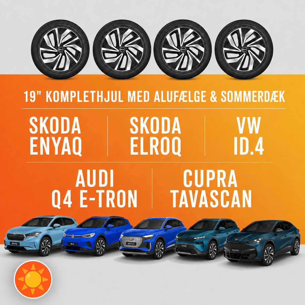19" komplethjul med sommerdæk - Enyaq/Elroq/VW ID.4/Audi Q4/Cupra Tavascan