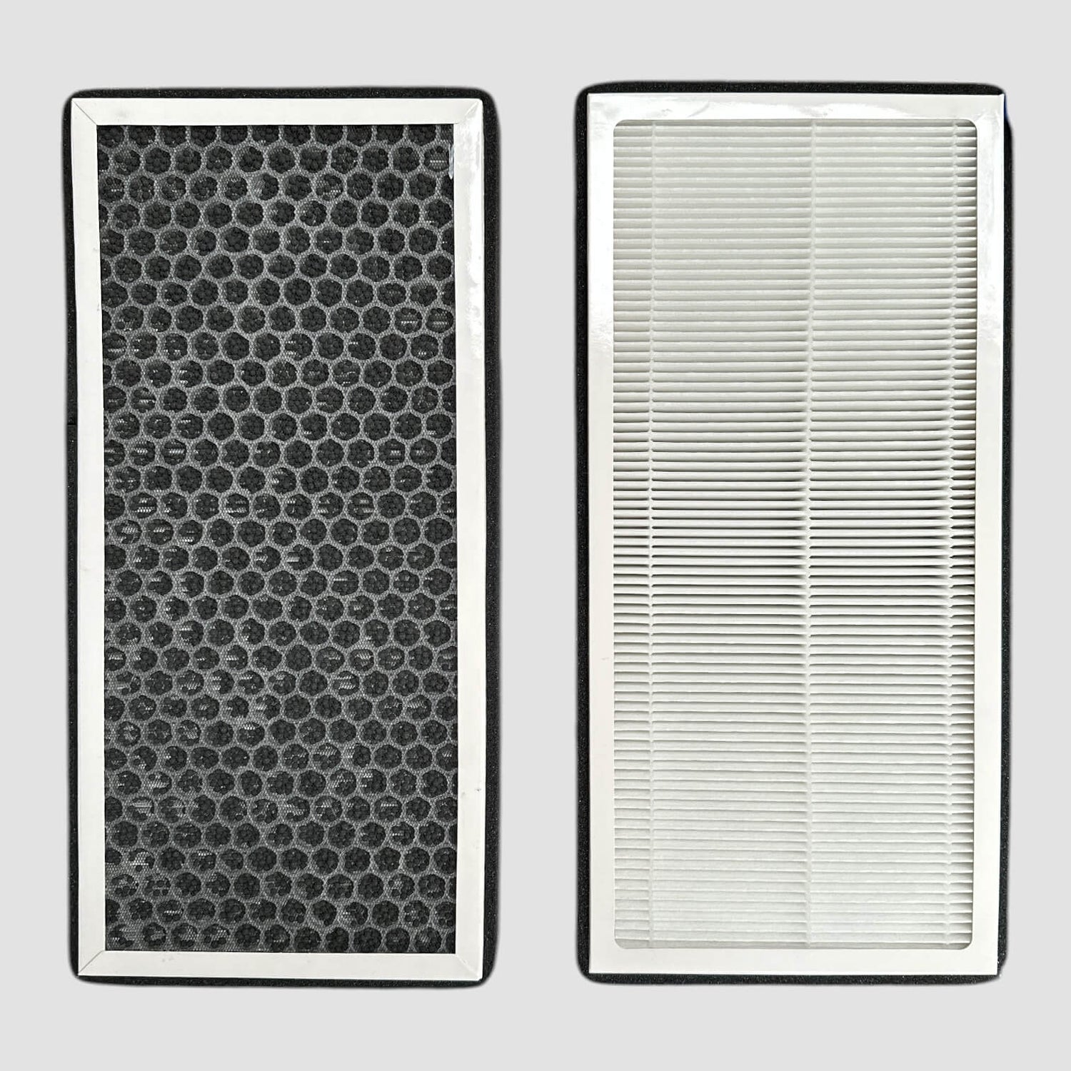To kul luftfilter til VW ID.3/4/5/6/7 vist forfra, én med sort net og én med hvid filteroverflade.