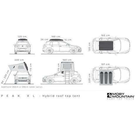 Målskitse af Moby Mountain Peak XL tagtelt – 220 × 157 cm åben og 160 × 120 × 26 cm lukket