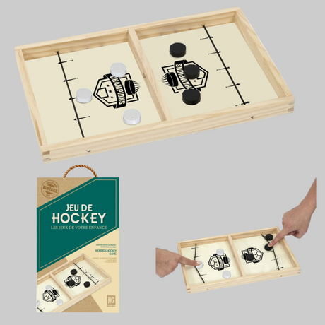 shuffleboard der vis hvor nogen spiller, liggende og pakket ind i sin æske