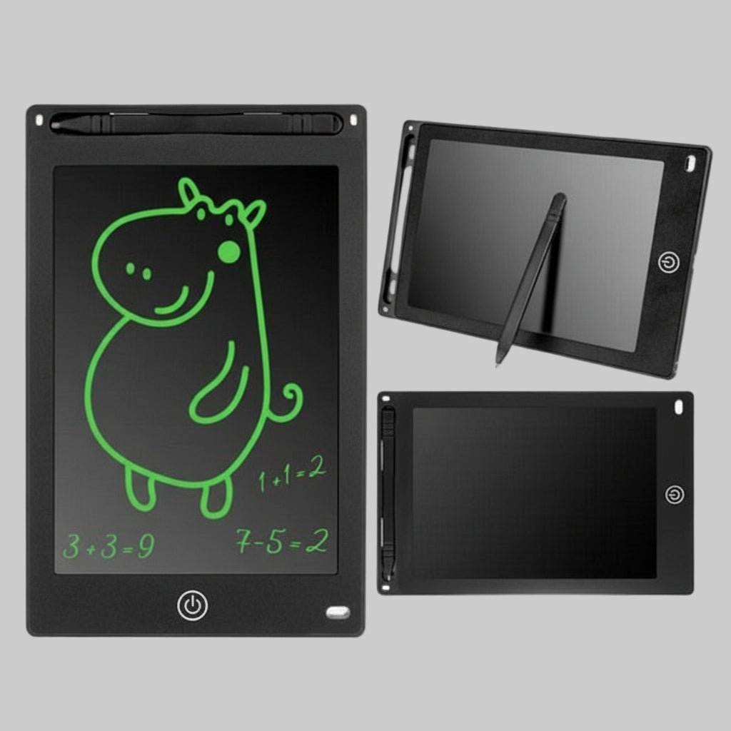 tegnetavlen i 3 forskellige positioner, hvor den ene har en flodhest samt nogle regnestykker